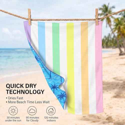 2 Pack Microfiber Beach Towel Oversized 71x32 Colorful Blue Striped (2 Count)