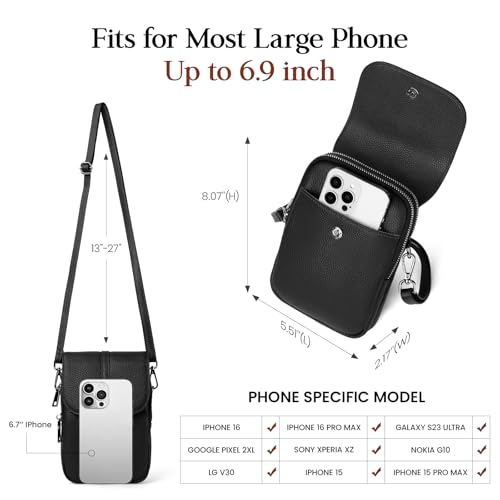 Black Genuine Leather Small Crossbody Bags for Women Cell Phone Purse