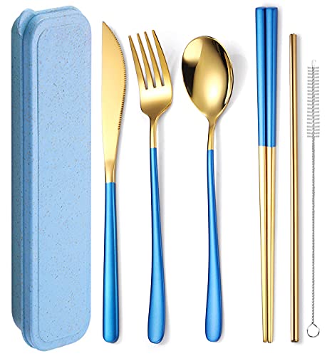 6 Pieces 18 8 Stainless Steel Flatware Set Portable Reusable Cutlery Set Travel Utensils Set Including Chopsticks Knife Fork Spoon Straws Cleaning Brush Dishwasher Safe (6 Count)