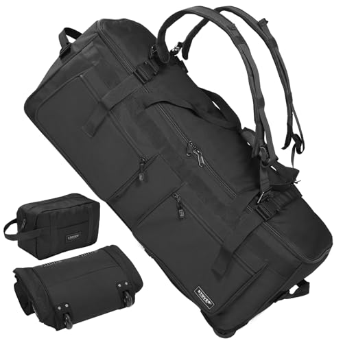 45/80/100L U-Zip Rolling Duffel Bag with Wheels, X-Large Durable Travel Duffle + Toiletry Bag, Lay-Flat Opening, Packable w/Shoulder Straps- Use as Luggage or Backpack, Men/Women (Black)