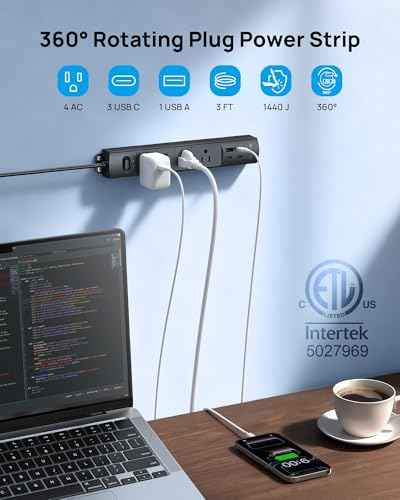 Wall Mount Surge Protector Power Strip with 360 Rotating Plug