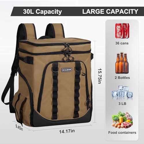 36 Cans Beach Cooler Backpack Insulated Waterproof for Camping Picnic Travel for 18 Hours Lunch Bag for Women Men Insulated Backpack Khaki 30L (36 Count)