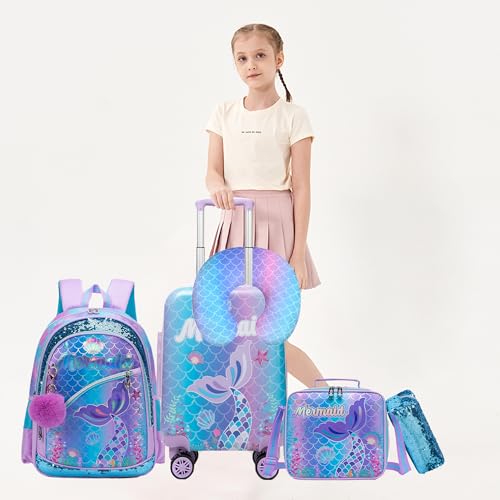 Cute Mermaid Kid’s Luggage Set 5 Piece Suitcase Set 16’’ Hardside Luggage with Spinner Wheels Girls Travel Rolling Luggage Carry on Luggage Airline Approved (5 Count)