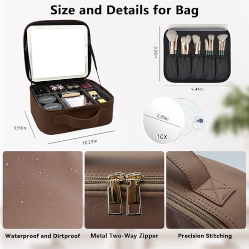 Travel Makeup Bag with LED Mirror and 10x magnifying glass with 3 Lighted Settings