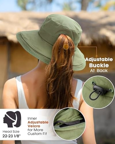 Sun Hats for Women Gardening Hat Wide Brim Ponytail Beach Sun Protection Breathable Cotton Summer Hat with Fold
