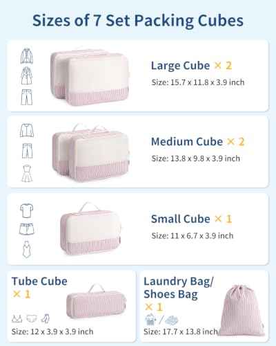 7 Set Striped Packing Cubes for Travel Carry on Suitcase