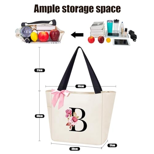 Tote Bag, A-Z Initial Monogrammed Waterproof Tote Bag, Bridesmaid Gifts for Women, Black and Pink (B, Beige)