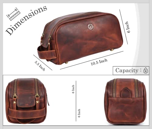 10" Premium Leather Toiletry Travel Pouch With Waterproof Lining
