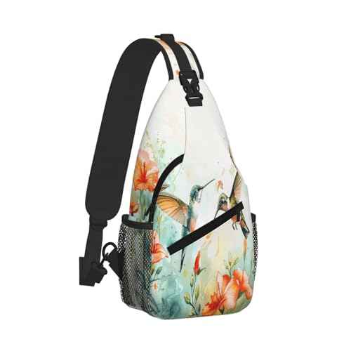 Sling Bag Hummingbird Flower Watercolor Hiking Daypack Crossbody Shoulder Backpack Travel Chest Pack for Men Women
