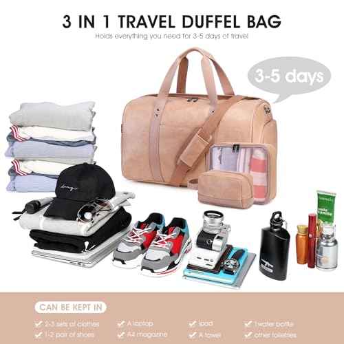 3PCS Faux Leather Weekender Bag for Women Men Travel Bag Overnight Bags (3 Count)