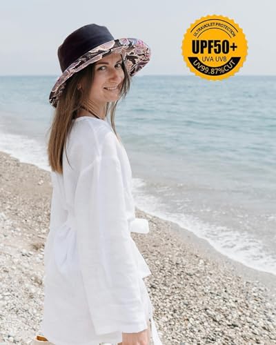 Womens Sun Hats Wide Brim Reversible Bucket Cotton Hat Packable Summer Travel Cap with Hat Clip