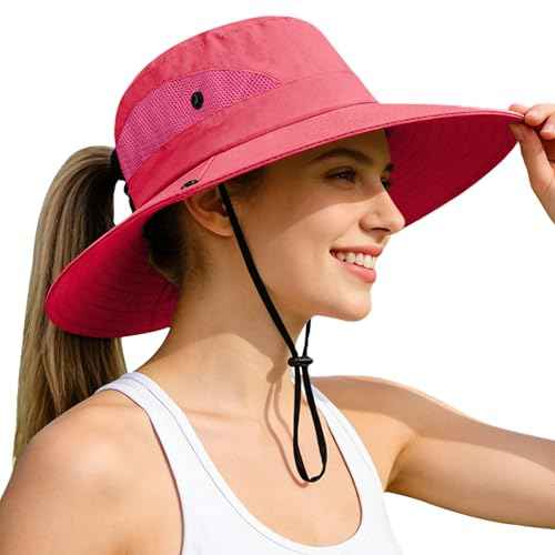 Ponytail Sun Bucket Hats for Women UV Protection Foldable Wide Brim