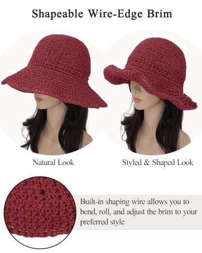 Womens Crochet Straw Sun Hat Foldable Floppy Wide Brim Beach Hat for Summer