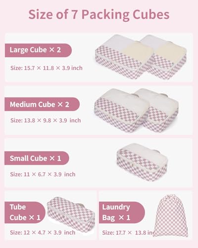 7 Set Checkered Packing Cubes for Travel Carry on Suitcase Luggage Organizer Bags for Kids Women Men