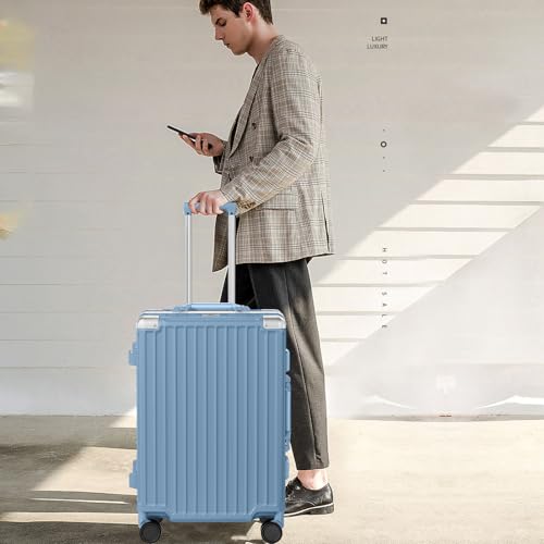 Luggage PC+ABS Aluminum Frame Zipperless Checked Luggage Hard Shell Suitcase with TSA Lock Double Spinner Wheels 24 Inch Haze Blue