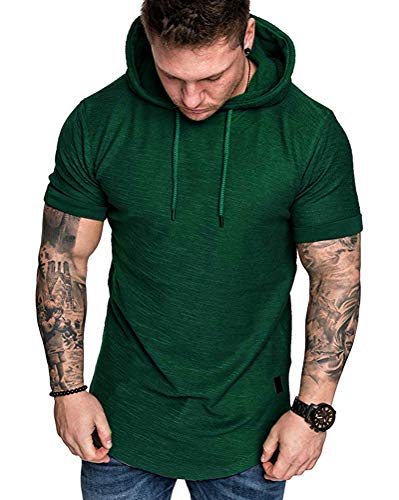 Mens Fashion Hoodies Sport Pullover Solid Color Shirt Workout Lightweight Tops Dark Green Large