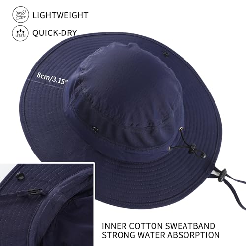 UPF50+ Wide Brim Sun Hat for Mens Womens UV Protection Beach Bucket Hat Airy Cowboy Hat for Fishing Hiking Gardening Navy Blue