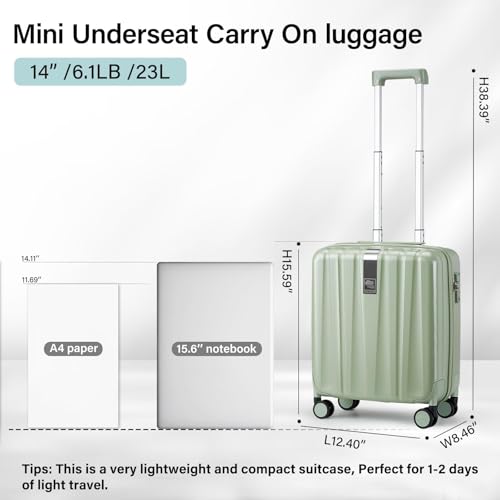 14 Inch Underseat Carry On Luggage with Wheels Hard Shell Suitcases Carry On Bag Lightweight Small Mini Suitcase Travel Luggage for Travel（Bamboo Green）