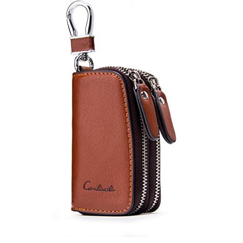 Car Key Case Keychain Holder Leather Metal Hook and Keyring Double Zipper Key Holder