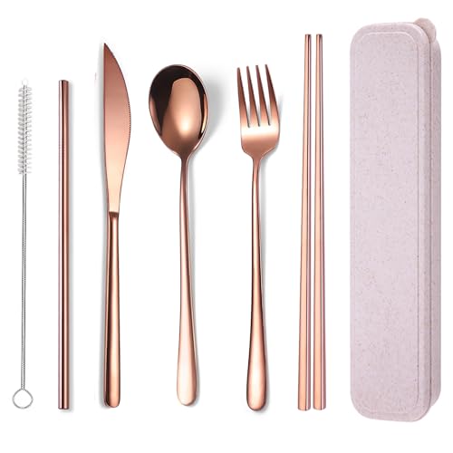 6 Pieces 18 8 Stainless Steel Flatware Set Portable Reusable Cutlery Set Travel Utensils Set Including Chopsticks Knife Fork Spoon Straws Cleaning Brush Dishwasher Safe