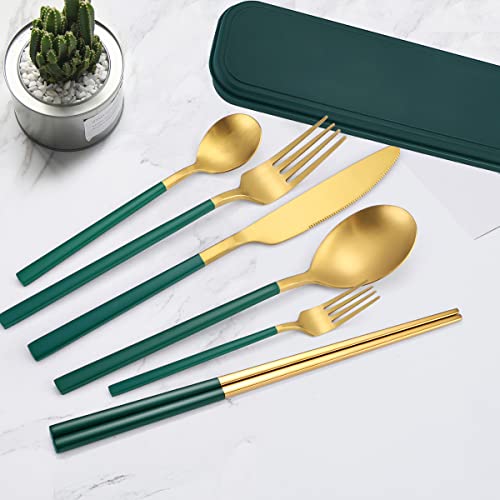6 Pieces Stainless Steel Flatware Set Portable Reusable Cutlery Set Travel Utensils Set Including Chopsticks Knife Fork Spoon Straws Cleaning Brush Dishwasher Safe (8 Count)