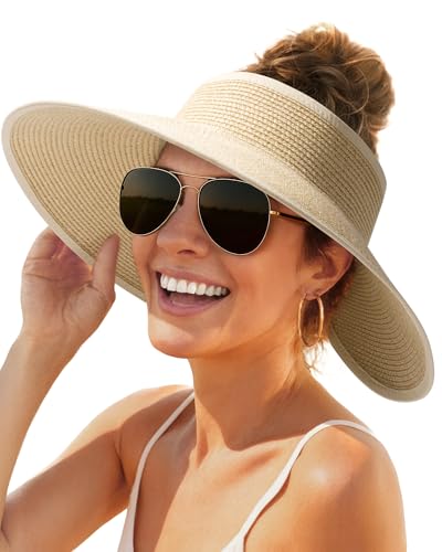 Womens Sun Hat with Ponytail Hole Wide Brim Beach Straw Visor