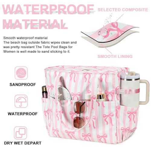 Waterproof Beach Tote Pool Bags for Women Ladies Extra Large Tote Bag Carryall Bag With Wet Compartment Fit 40oz Tumbler Holder Family Travel Bag for Cruise