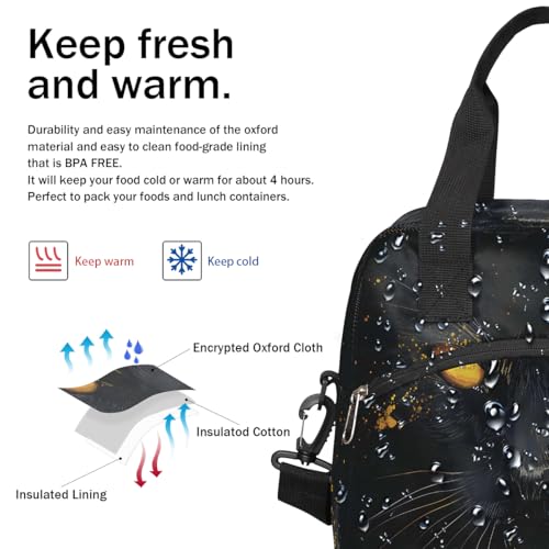 Black Animal Cat Insulated Lunch Bag for Women Girl Reusable Lunch Tote Box With Shoulder Strap Lightweight Thermal Cooler Meal Prep Bag for Work School Office Picnic (print 2)