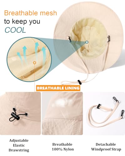 Water Resistant Sun UPF 50+ Bucket Hat Protection Packable Brimmed Boonie for Women Men Summer Lightweight Hiking Outdoor Cap Beige