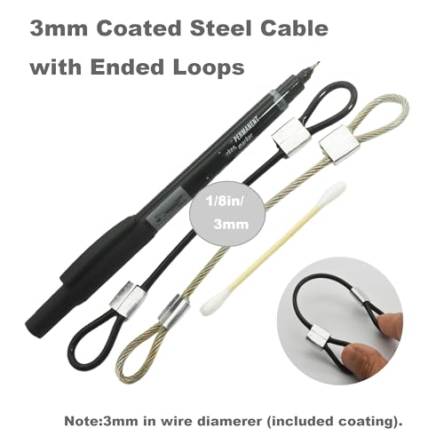 1/8"(3mm) Wire Diam Stainless Steel Cable Eyelets Loops Short Rope Lanyard Safety Tether Chain Lock with Vinyl Coated Cover, 20Pcs 6" Long Black (20 Count)