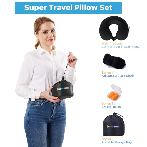 Neck Pillows for Travel 100% Memory Foam Adjustable Travel Pillows with Storage Bag