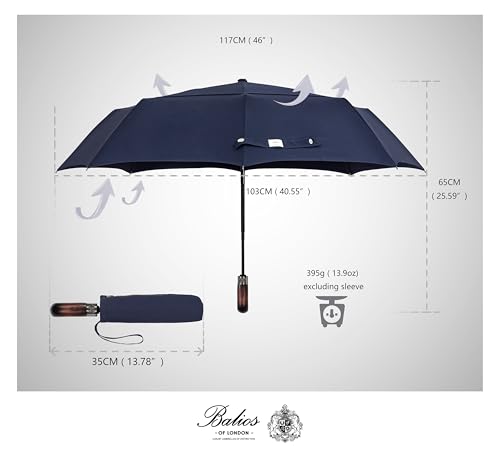 Folding Umbrella Real Wood Handle Auto Open Close Dark Navy