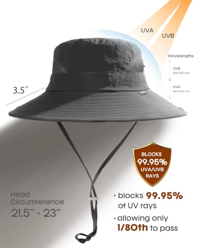 Womens Sun Hat with Ponytail Hole Beach Hiking Summer Wide Brim UPF 50+ Outdoor Protection Foldable Bucket Hat Dark Grey