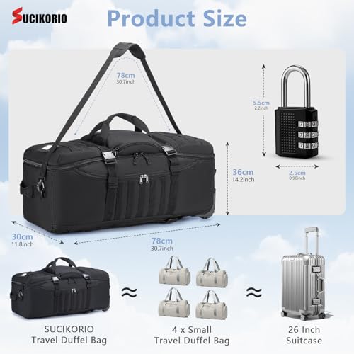 Tactical Travel Duffle Bag with Wheels and Handle 3 in 1 Large 85L XL Rolling Travelling Backpack Waterproof Oxford Carry On Hand Luggage Deployment Bags with Combination Padlock