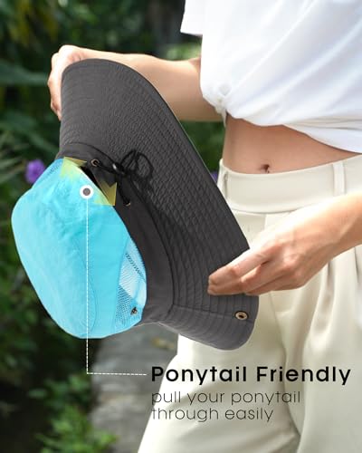 Womens Sun Hat with Ponytail Hole Beach Hiking Summer Wide Brim UPF 50+ Outdoor Protection Foldable Bucket Hat Blue