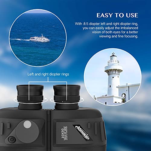 10x50 Waterproof Marine Binoculars for Adults with Rangefinder Compass BAK4 Prism FMC Lens for Birdwatching Hunting Boating Fishing Water Sports