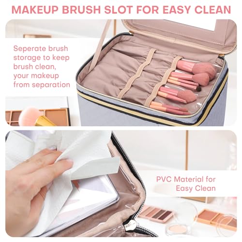 Large Makeup Bag with Mirror Double Layer Travel Make Up Organizer Case