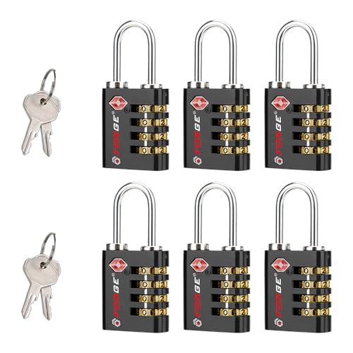 Dual-Opening: Key or Combination Access Lock, Use Key to Recover Code If Forgotten, TSA Approved Locks for Luggage, Pelican case, Travel, Gym, School, Stainless Steel Shackle.(Black 6 Pk) (6 Count)