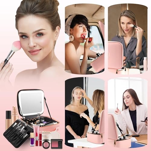 Makeup Train Case with Light & Mirror Large Cosmetic Organizer with Adjustable Dividers for Cosmetics