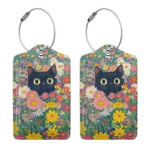 2 Pcs Luggage Tags for Suitcases Black Cat PU Leather Luggage Tag with Privacy Cover Label Address Card and Durable Metal Ring Suitable for Men Women Handbags Backpacks