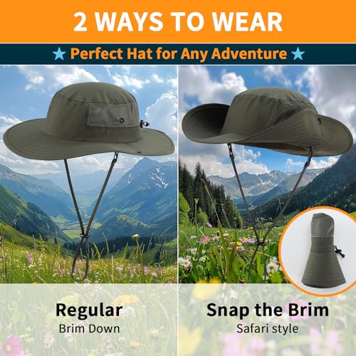 UPF50+ Mens Sun Hat Wide Brim Womens UV Protection Beach Bucket Hat Airy Fishing Hat Hiking Snap Up Cowboy Hat Army Green