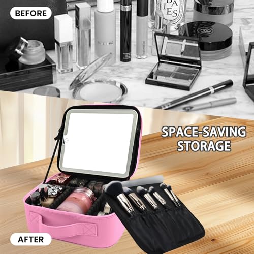 Travel Makeup Bag with LED Mirror and Light Travel Makeup Case Cosmetic Organizer Portable Cosmetic Brush Organizer Bag with Adjustable Dividers for Cosmetics Makeup Brushes Toiletry