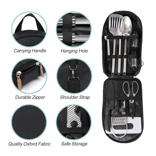 12 Piece Camping Kitchen Utensil Set with Carry Bag and Grilling Tools (12 Count)