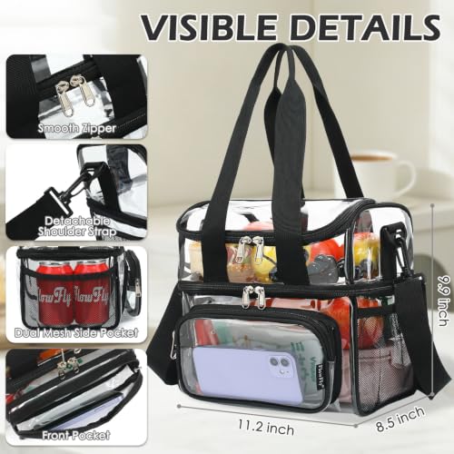 Clear Bag Double Decker Lunch Bag for Stadium Events Adult Large Transparent Tote for Men (Clear#Black)
