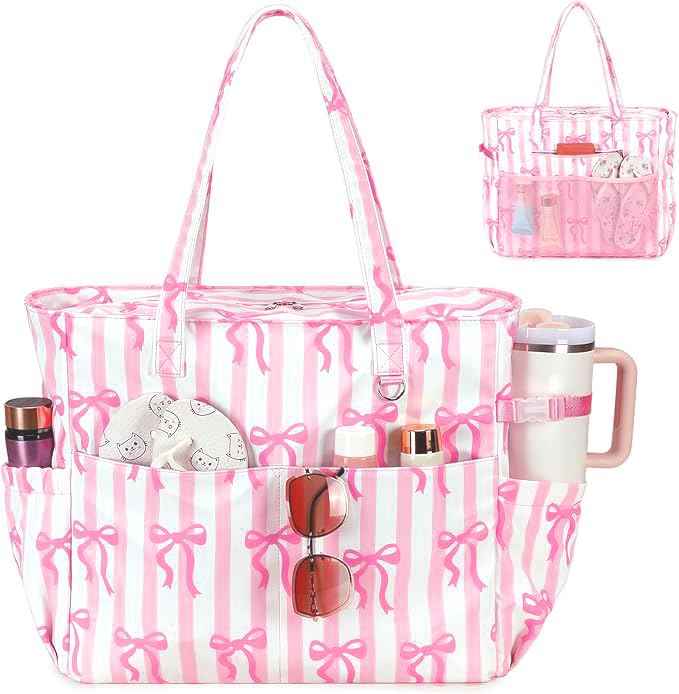 Waterproof Beach Tote Pool Bags for Women Ladies Extra Large Tote Bag Carryall Bag With Wet Compartment Fit 40oz Tumbler Holder Family Travel Bag for Cruise