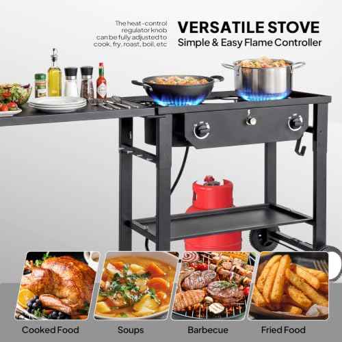2 Burner Outdoor Propane Gas Stove with Foldable Side Table & Ignition