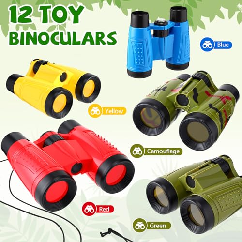 12 Set Binocular Compass Magnifying Glass Set Christmas Birthday Gift Small Telescope Binocular with Whistle Bag for Outdoor Exploring Stocking Stuffer (12 Count)