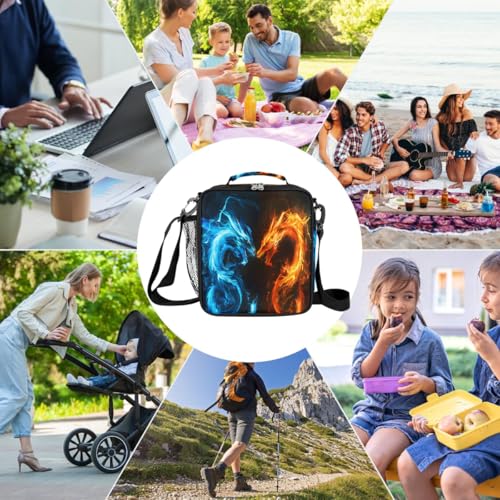 Dragon Fire Water Kids Lunch Box for Girls Boys Reusable Insulated Lunch Bag for Kids Toddler Thermal Cooler Spacious Lunchbox with Shoulder Strap Lunchbag for School Work Picnic (print 10)