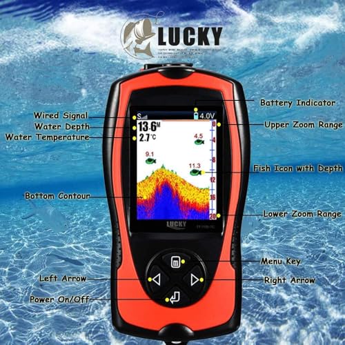 Portable Fish Finder Transducer Sonar Sensor 147 Feet Water Depth Finder LCD Screen Echo Sounder Fishfinder with Fish Attractive Lamp for Ice Fishing Sea Fishing