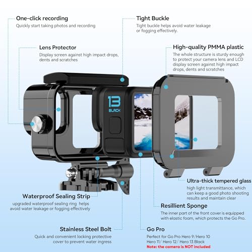 Compatible for Go Pro Hero 13 12 11 10 9 Black Waterproof Housing Case 60M